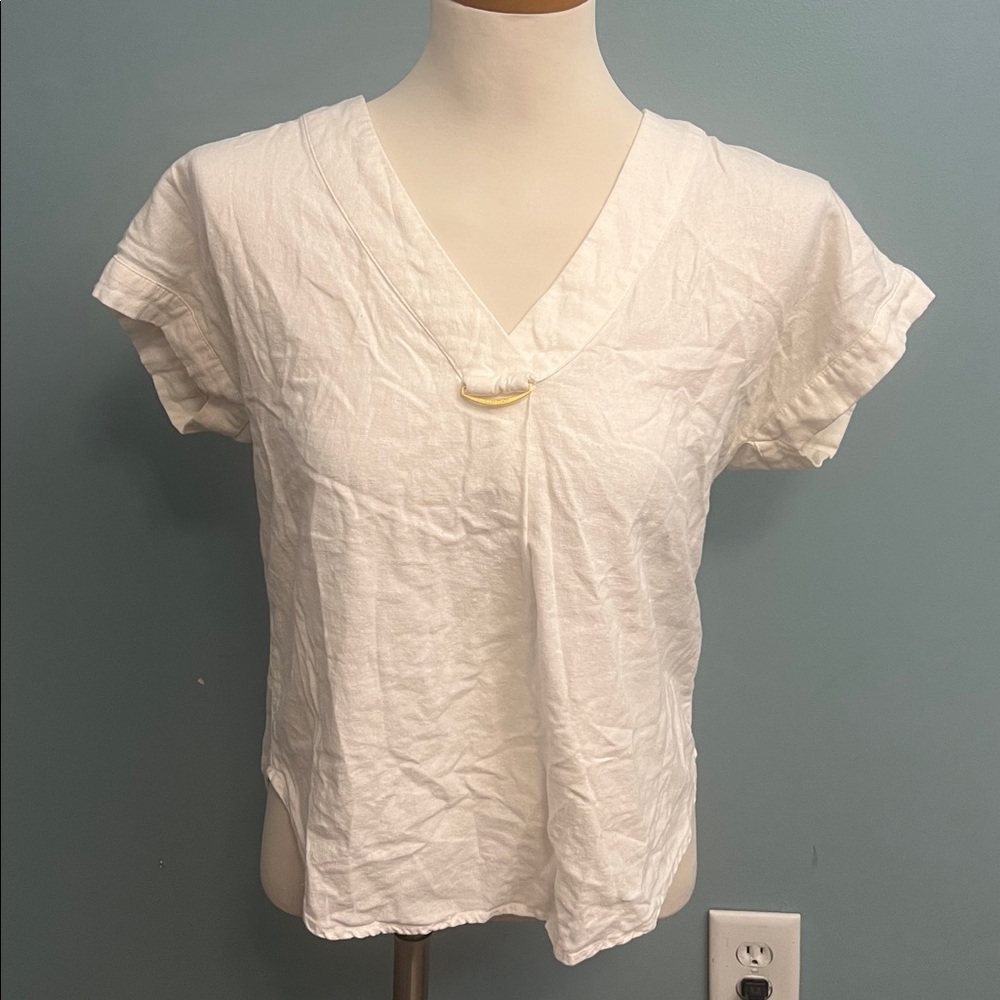 Ellen Tracy White V-Neck Short Sleeve Top 100% Linen